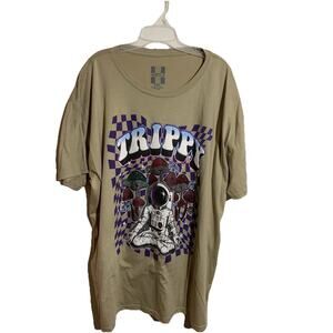 OG Hustle Size 3x Short Sleeve Tee Tan Trippy Astronaut Mushroom Checkered Shirt
